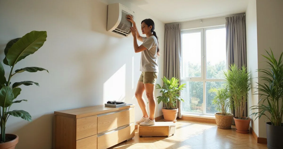 Malaysian homeowner performing simple aircond maintenance