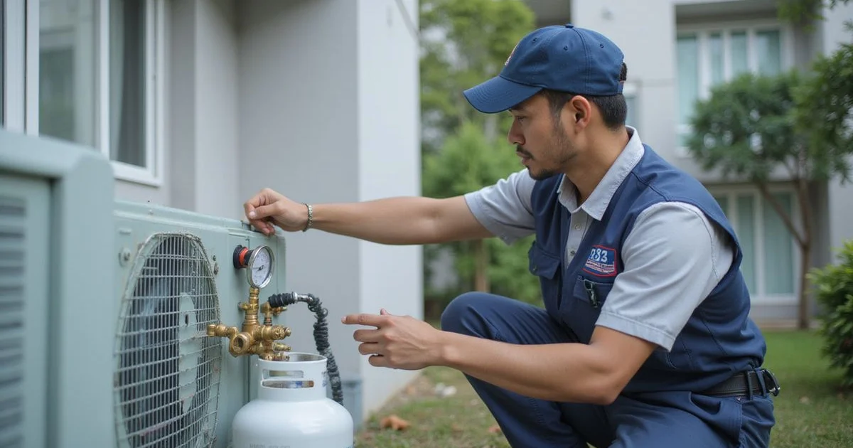 Honest technician checking aircond refrigerant levels with pressure gauge
