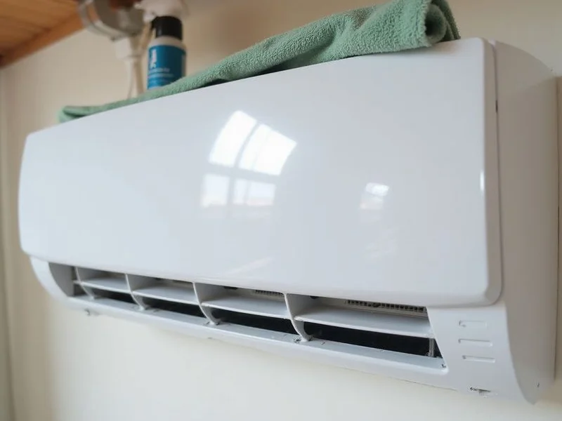 Close-up of clean aircond front cover and vents after professional wipedown and sanitisation
