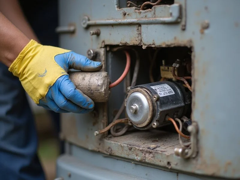 Close-up of technician hands replacing faulty capacitor inside aircond outdoor compressor unit