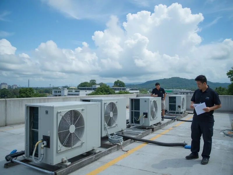Commercial VRV system outdoor units being inspected during scheduled monthly maintenance visit