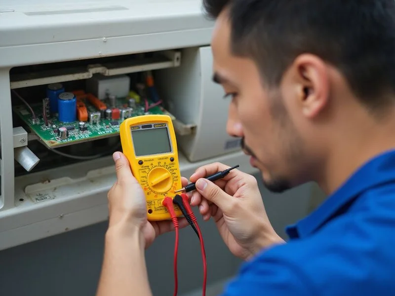 Experienced technician using digital multimeter to test aircond PCB board and electrical connections