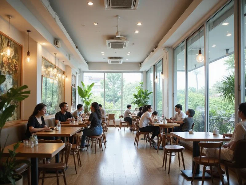 F&B cafe interior with clean ceiling cassette aircond units providing comfortable dining environment