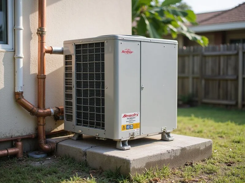 New outdoor aircond compressor unit installed on concrete pad with proper clearance and drainage