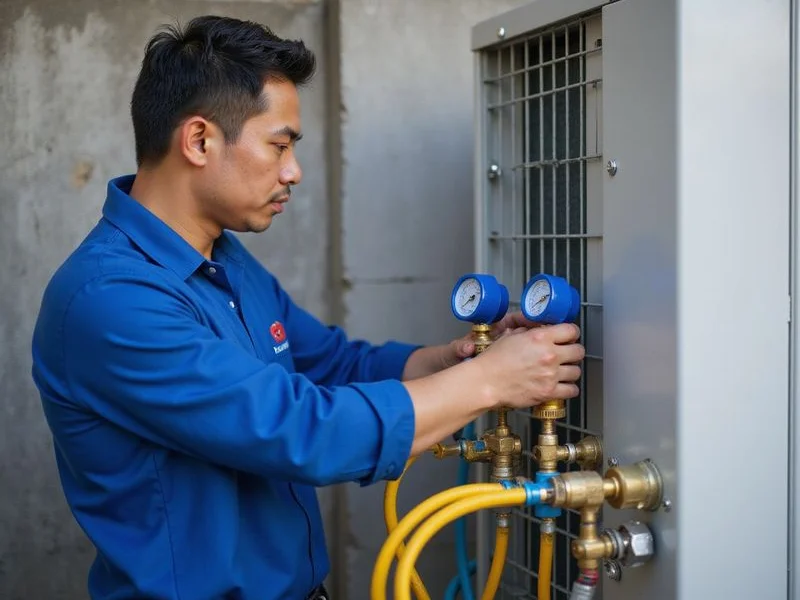 Senior technician checking refrigerant pressure with manifold gauge set on outdoor aircond unit