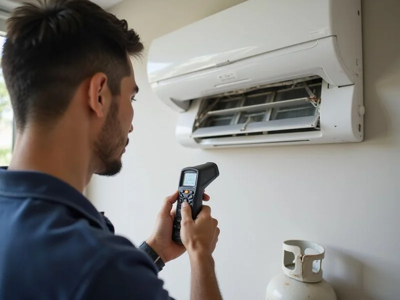 Senior technician testing aircond cooling performance with thermometer after reassembly and gas top-up