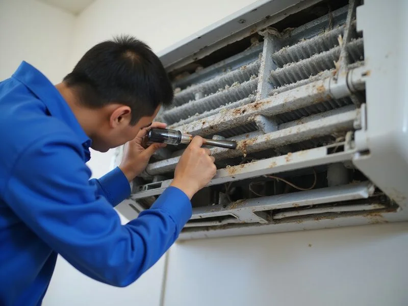 Technician dismantling wall-mounted aircond unit exposing evaporator coil for chemical wash treatment