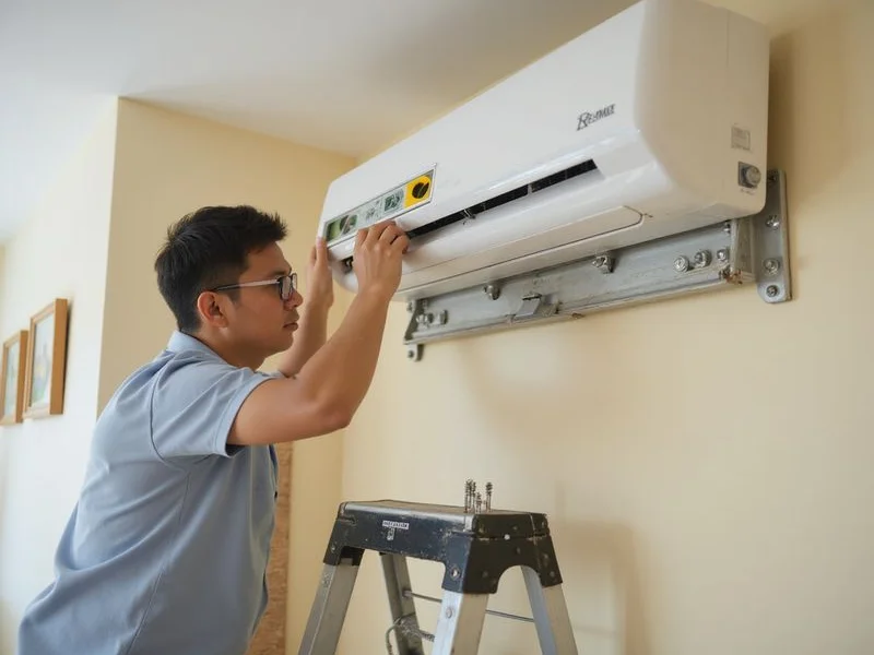 Technician mounting new wall-unit aircond indoor unit on bracket during professional installation service