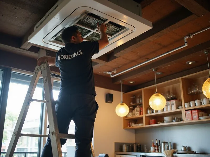 Technician on ladder servicing ceiling cassette aircond unit inside a busy Petaling Jaya restaurant