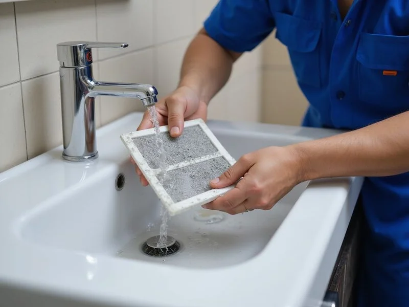 Technician removing and washing aircond air filter under running water during standard cleaning service