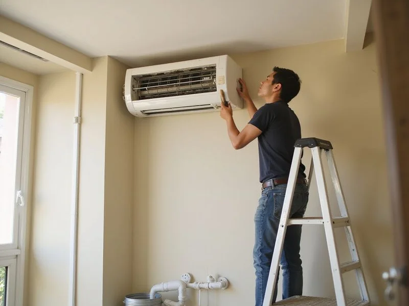 Technician repairing aircond water leak by clearing blocked drainage pipe and checking drain pan