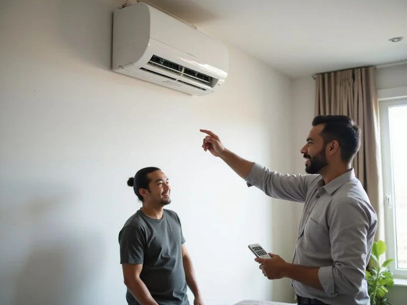 Technician testing newly installed aircond unit with remote control verifying cooling performance and airflow
