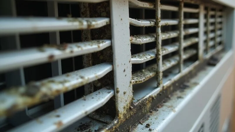 Aircond evaporator coil showing visible mould and bacterial growth that causes musty smell and poor air quality