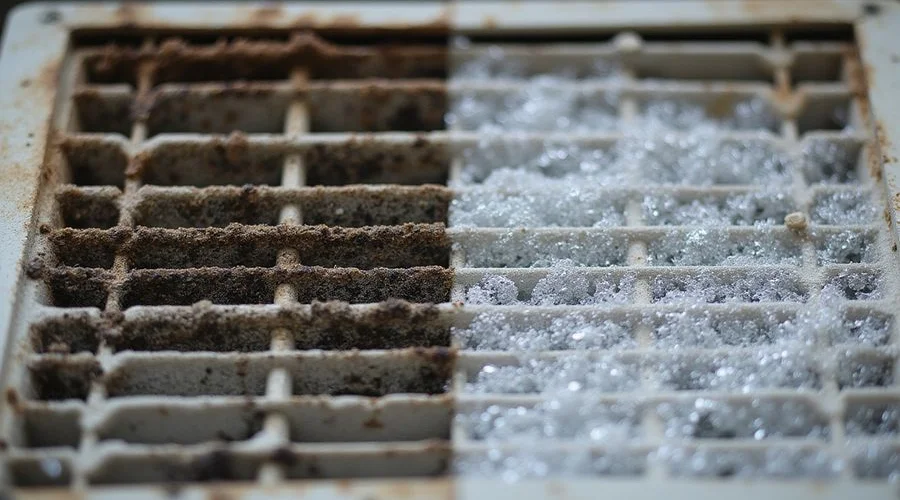 Before and after comparison showing a dirty evaporator coil caked with grime versus a sparkling clean coil after professional chemical wash treatment