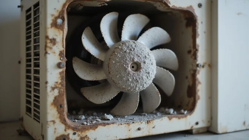 Close up of aircond blower fan covered in thick dust and grime reducing airflow before chemical wash cleaning