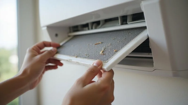 Close-up of a dusty aircond filter being removed from a wall-mounted unit for regular cleaning