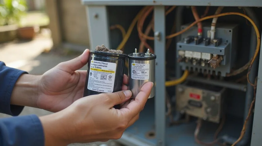 Close-up view of a technician replacing a faulty aircond capacitor with professional tools showing the old and new components side by side
