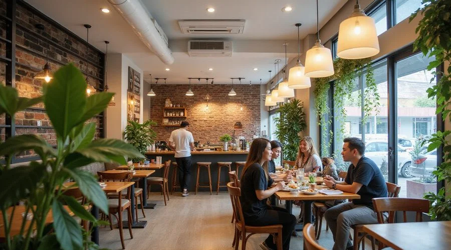 Interior of a comfortable Petaling Jaya cafe with well maintained ceiling cassette aircond units providing perfect temperature for diners