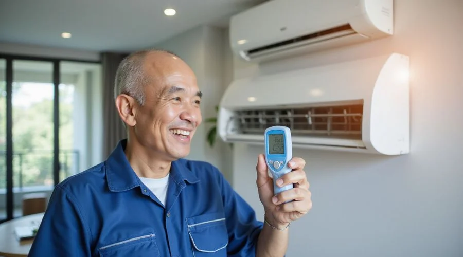 Completed aircond repair with the senior technician showing the homeowner the fixed unit running smoothly with cold air blowing in a Petaling Jaya home