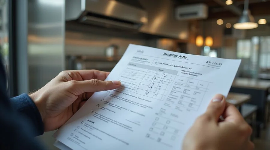 Completed maintenance report and health compliance checklist being reviewed by a restaurant manager after a commercial aircond maintenance visit