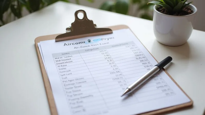 Detailed price list showing aircond chemical wash costs for wall mounted and ceiling cassette units in Petaling Jaya