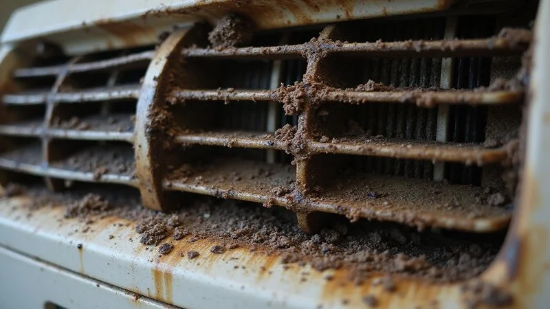 Technician inspecting dirty aircond evaporator coil showing buildup that needs chemical wash treatment