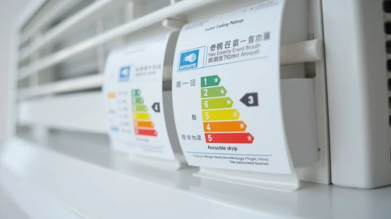 Energy efficiency label comparison between inverter ceiling cassette and wall-mounted aircond units showing similar ratings