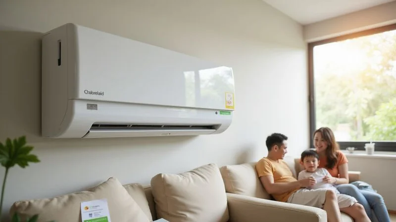 Energy efficient aircond unit running smoothly in a modern Malaysian home with low electricity consumption