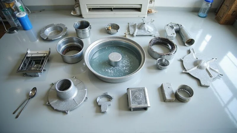 Fully dismantled aircond indoor unit components laid out for individual chemical overhaul cleaning and inspection