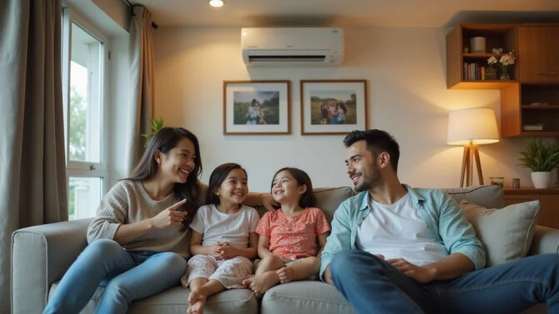 Happy Malaysian family relaxing in a cool comfortable living room with well-maintained aircond running efficiently