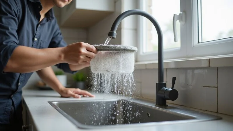 Homeowner safely cleaning aircond air filter under running water as part of regular DIY maintenance routine