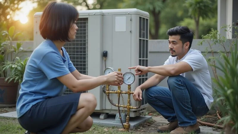 Honest aircond technician showing customer pressure gauge readings and explaining refrigerant levels transparently