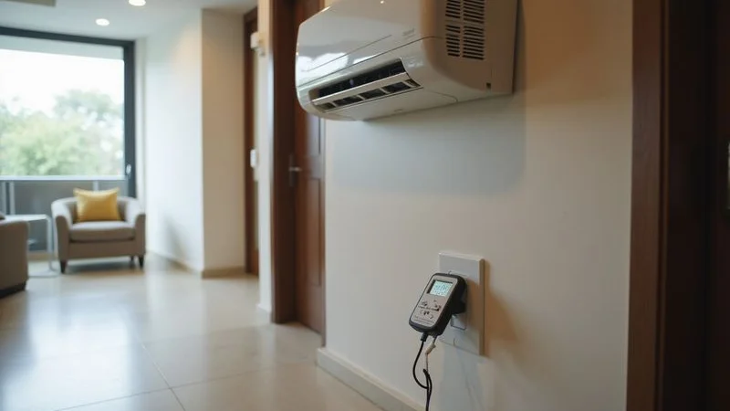 Malaysian homeowner using a power meter to check aircond electricity consumption for energy efficiency monitoring