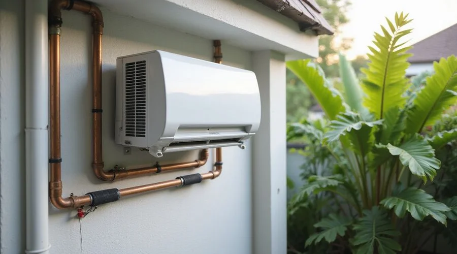 Newly installed aircond system in a modern Petaling Jaya home with outdoor compressor properly mounted and piping neatly routed and insulated