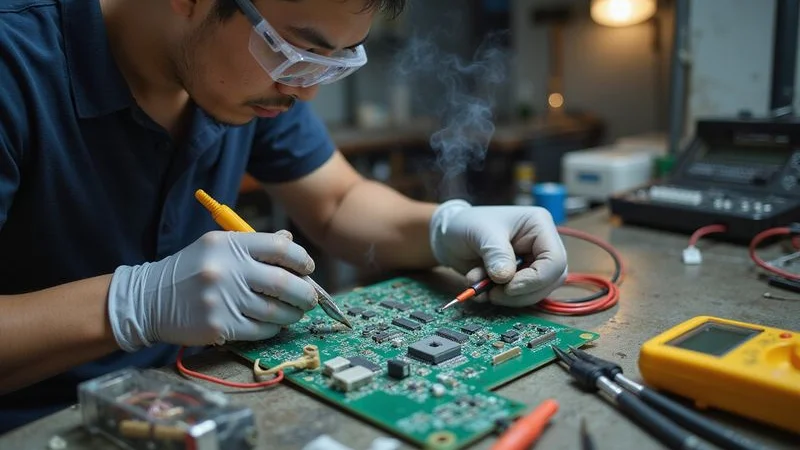 Professional aircond technician safely repairing electrical circuit board with proper insulated tools and safety equipment