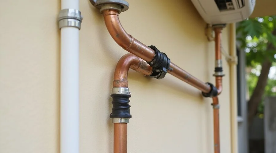 Close-up of professional copper piping installation with Armaflex insulation and neat trunking connecting indoor to outdoor aircond units