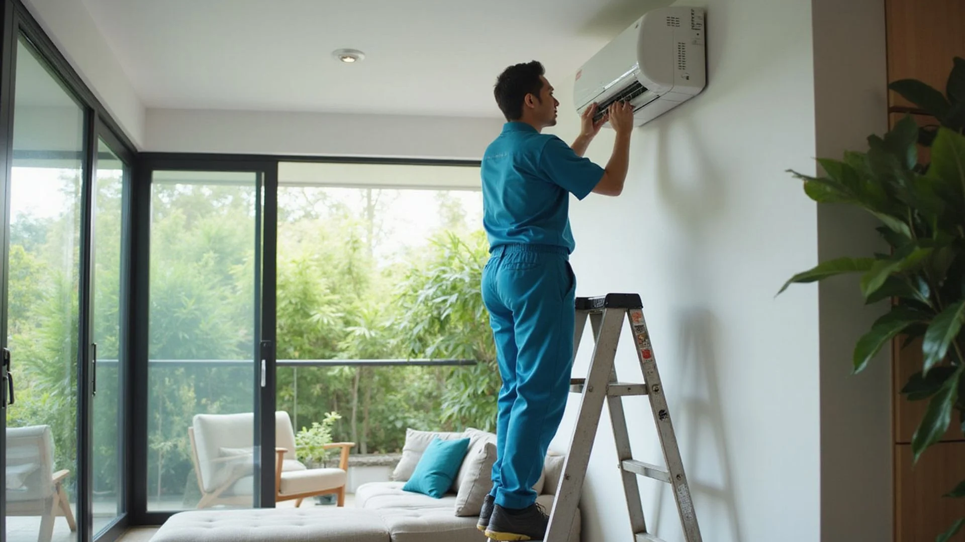 Professional HVAC technician servicing air conditioning unit in modern Malaysian home