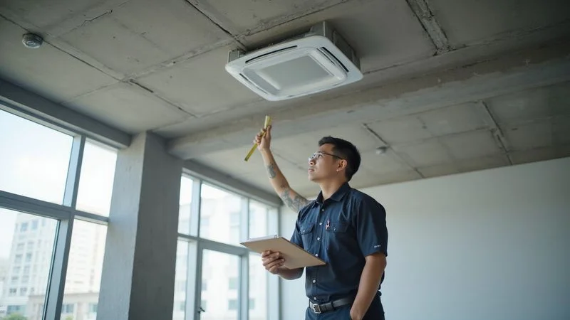 Professional aircond technician conducting a site assessment for commercial aircond installation in Petaling Jaya office