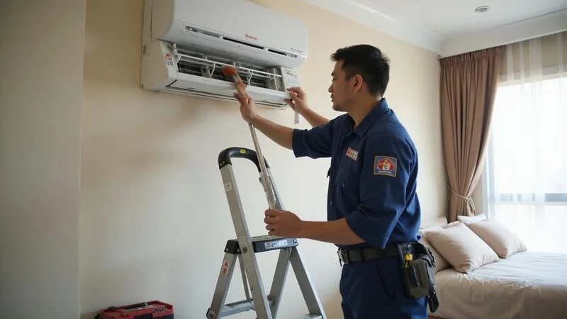 Professional technician performing standard aircond cleaning on a wall-mounted unit in a Petaling Jaya home