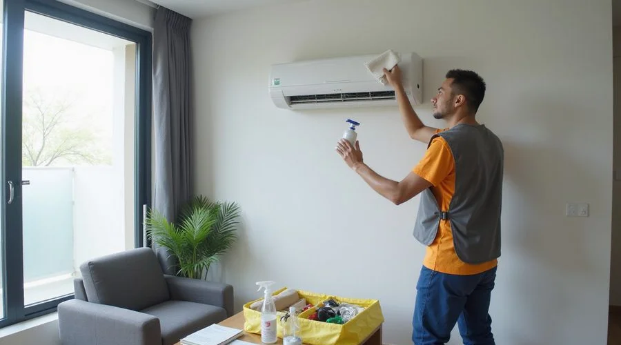 Senior PJ Kool technician completing a chemical wash service with all tools neatly arranged showing professional workmanship in a Petaling Jaya residence