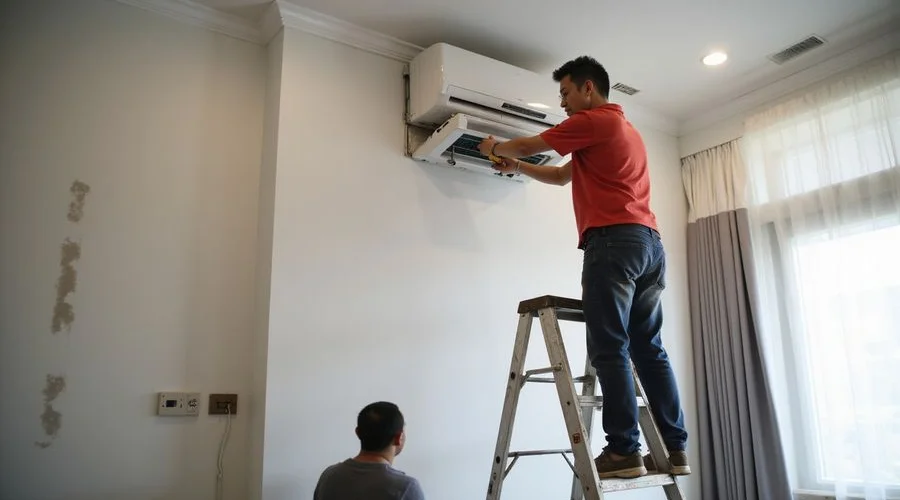 Senior technician positioning a new wall-mounted aircond indoor unit on the mounting bracket ensuring proper level and secure fitting