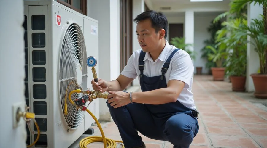 Senior technician using a manifold gauge set to check refrigerant pressure on an aircond outdoor compressor unit in Petaling Jaya