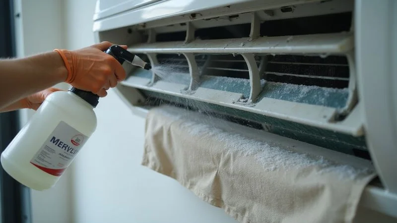 Technician applying chemical solution to aircond evaporator coil during deep wash service in Malaysian home