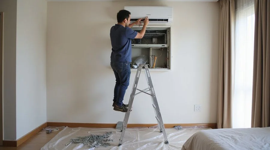 Technician carefully dismantling a wall-mounted aircond unit to access the evaporator coil and drainage pan for thorough chemical wash cleaning