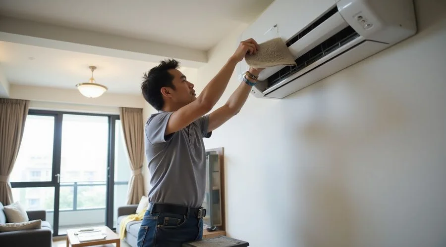 Technician carefully removing the aircond air filter for cleaning during a standard maintenance service in a Petaling Jaya apartment