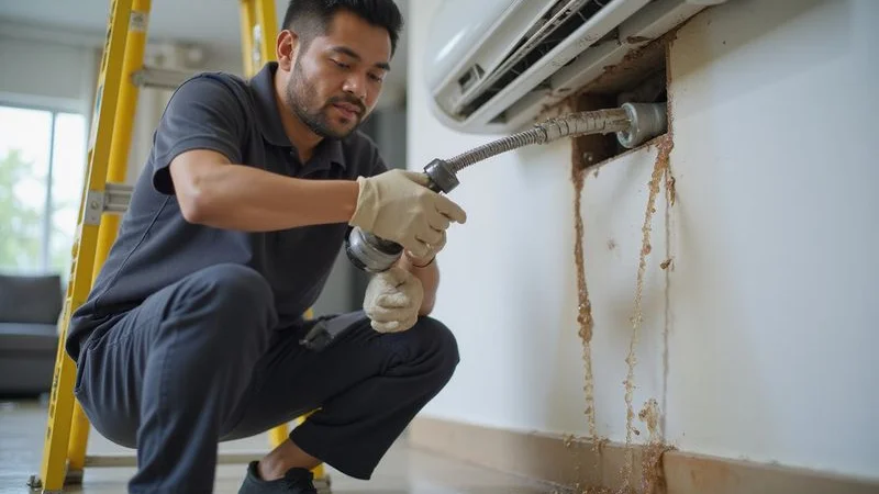 Technician clearing clogged aircond drainage pipe with specialised tools to resolve indoor unit water leak
