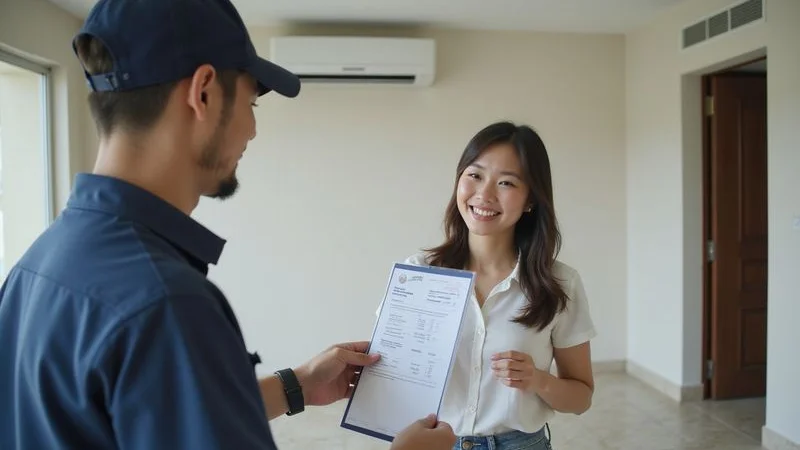 Technician completing aircond chemical wash service with customer reviewing transparent fixed pricing invoice