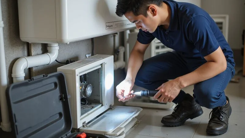 Technician inspecting aircond condensate pump and drainage system during professional repair service visit