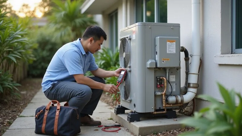 Technician inspecting aircond outdoor compressor unit for mechanical or electrical faults affecting cooling performance
