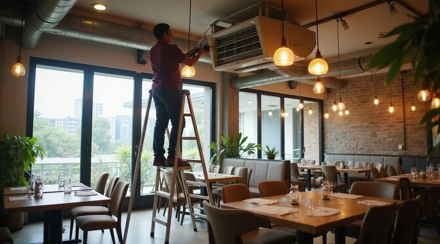 Technician on a step ladder servicing a commercial ceiling cassette aircond unit inside a restaurant kitchen area in Petaling Jaya